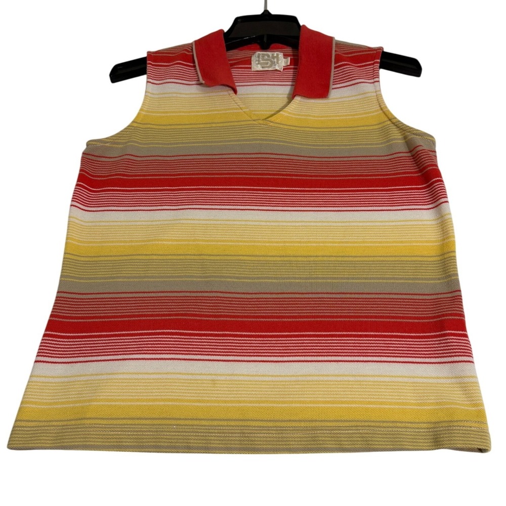 Retro VTG Stripes Sleeveless‎ Polo Top Red Yellow Gray Women's Casual Size M